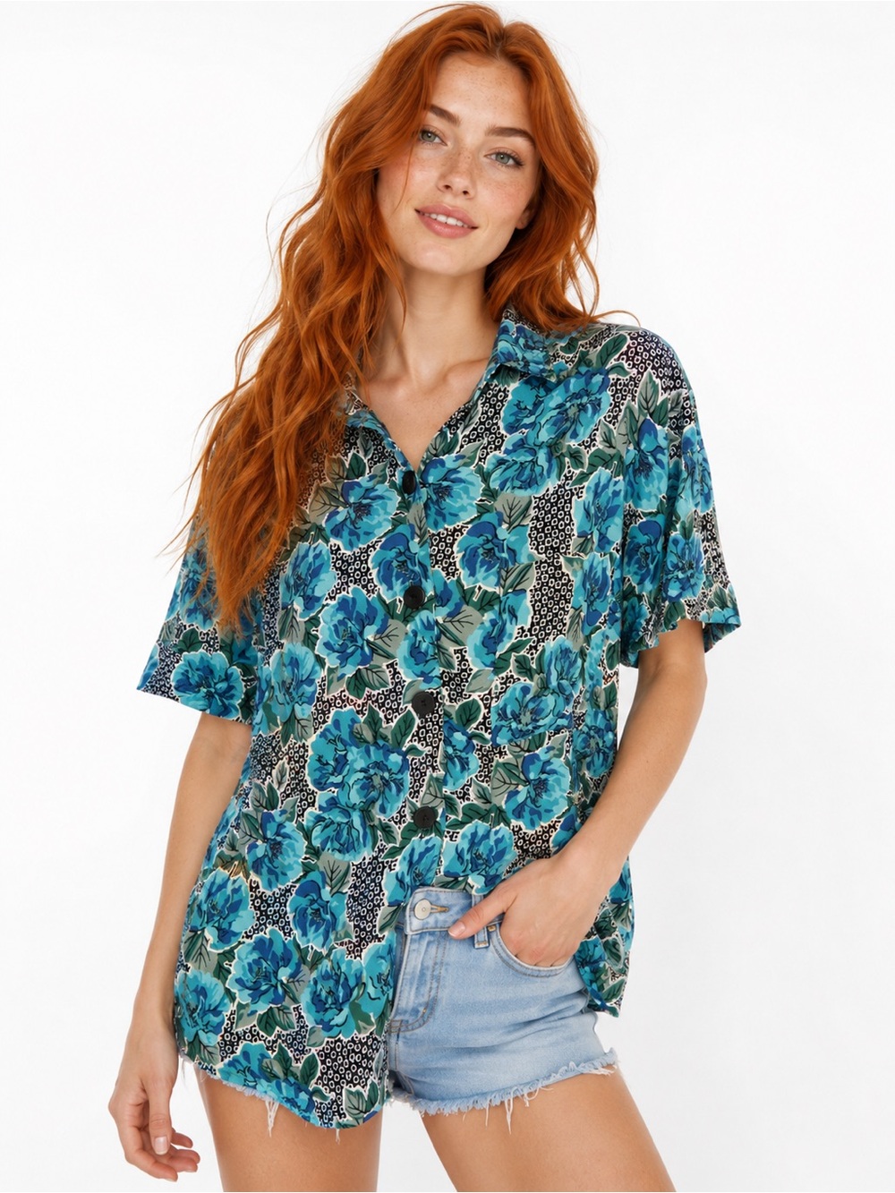 Vintage 80s Jessica Stevens Blue Green Floral Button Front Blouse Shoulder Pads